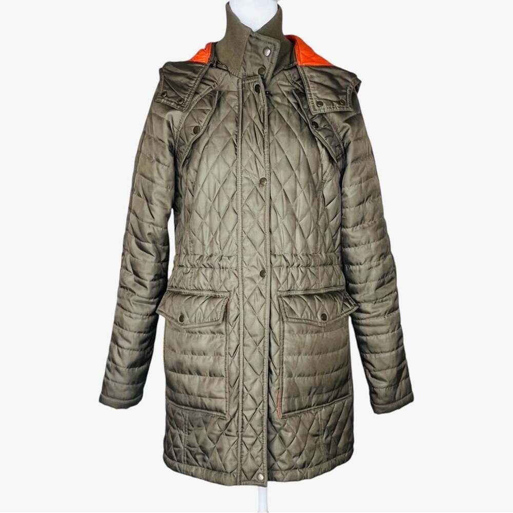 Vince Camuto Quilted Long Jacket Coat M Olive Brass Orange HiLo Removable Hood